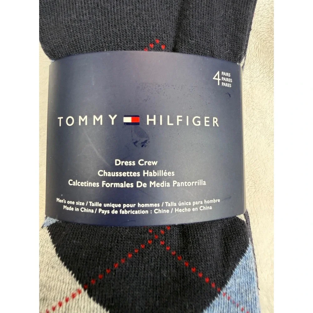 Tommy Hilfiger Mens Dress Crew Socks 4 Pack Navy Gray Argyle Solid Assorted New